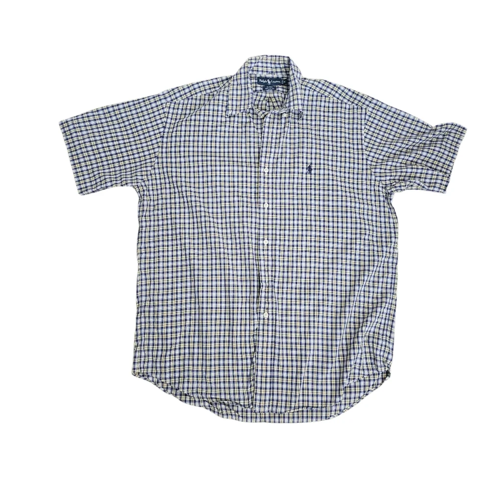 RL Ralph Lauren Blake Medium‎ Button Down Shirt Mens Short Sleeve Checkered Blue